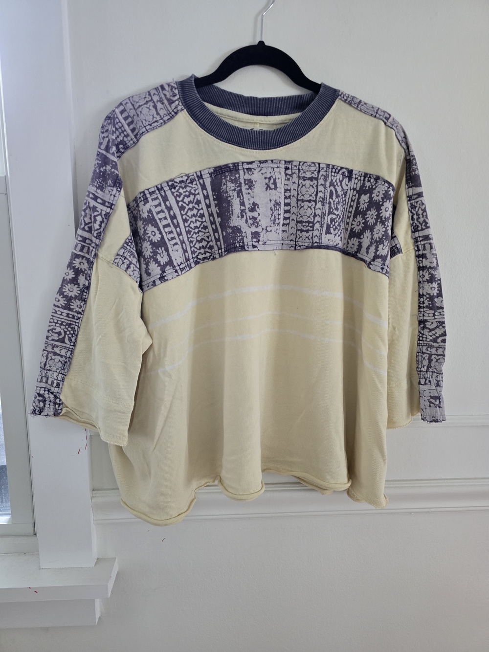 We The Free Butter Yellow and Blue/ White Oversized 3/4 Sleeve Pullover